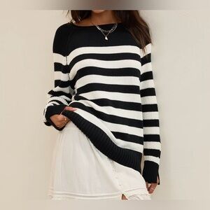 Aerie Black and White Striped Oversized Fit Sweater